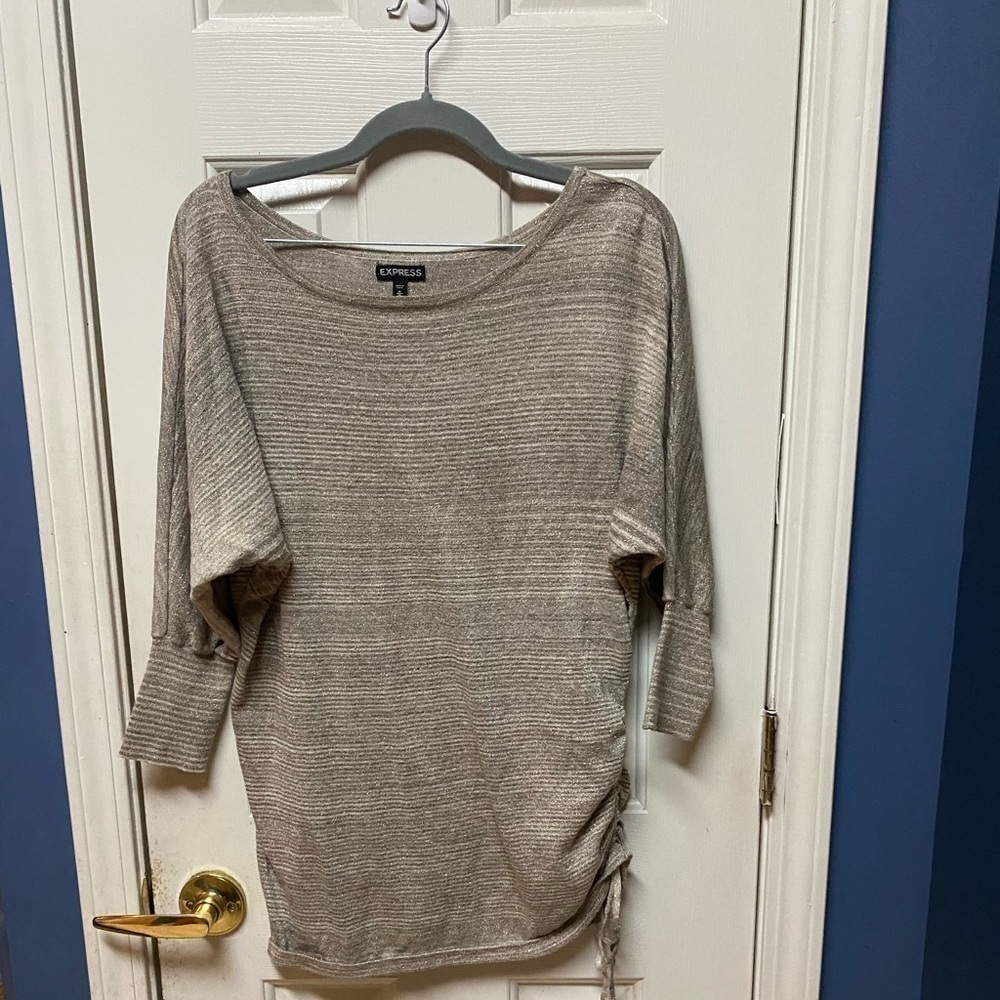 Express Sz Med Light Weight Sweater Gray Tie Scrunch Side 3/4 Sleeve Metallic.